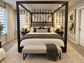 King Size Canopy Bed Frame – Dark Wood, Tufted Upholstered Headboard