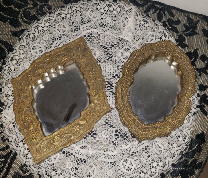 X2 VINTAGE ORNATE GOLD FILIGREE SCROLL OVAL DIAMOND ACCENT TABLE WALL MIRROR DECOR SET