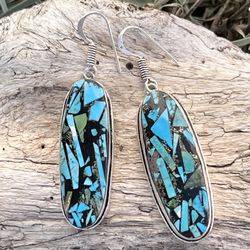 Longated Copper Turquoise 925 Silver 2” Earrings-AE55931 