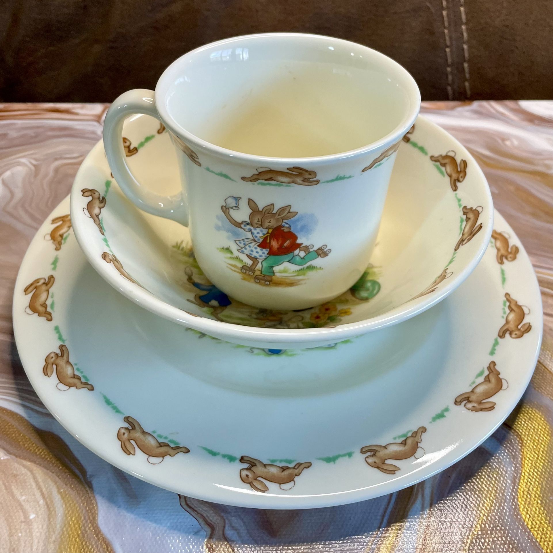 Vintage BUNNYKINS Rabbits 3-Piece Dish Set • Plate, Bowl, Mug • Royal Doulton, UK
