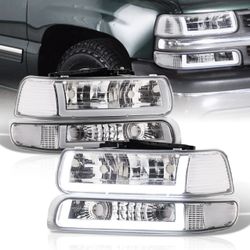 99 - 06 Chevy Silverado Tahoe Suburban LED DRL Factory Style Headlights + Bumpers Chrome Housing Clear Len Clear Reflector