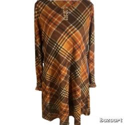 New SZ 10 long sleeve plaid vintage style dress w/o-ring  embellished neckline 