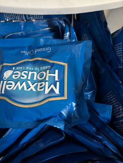 Maxwell coffee bags, sugar, and filter