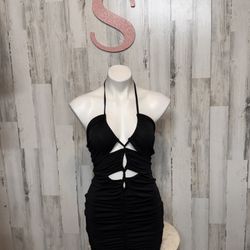 Black Cutout Ruched Halter Bodycon Mini Dress  Size Small