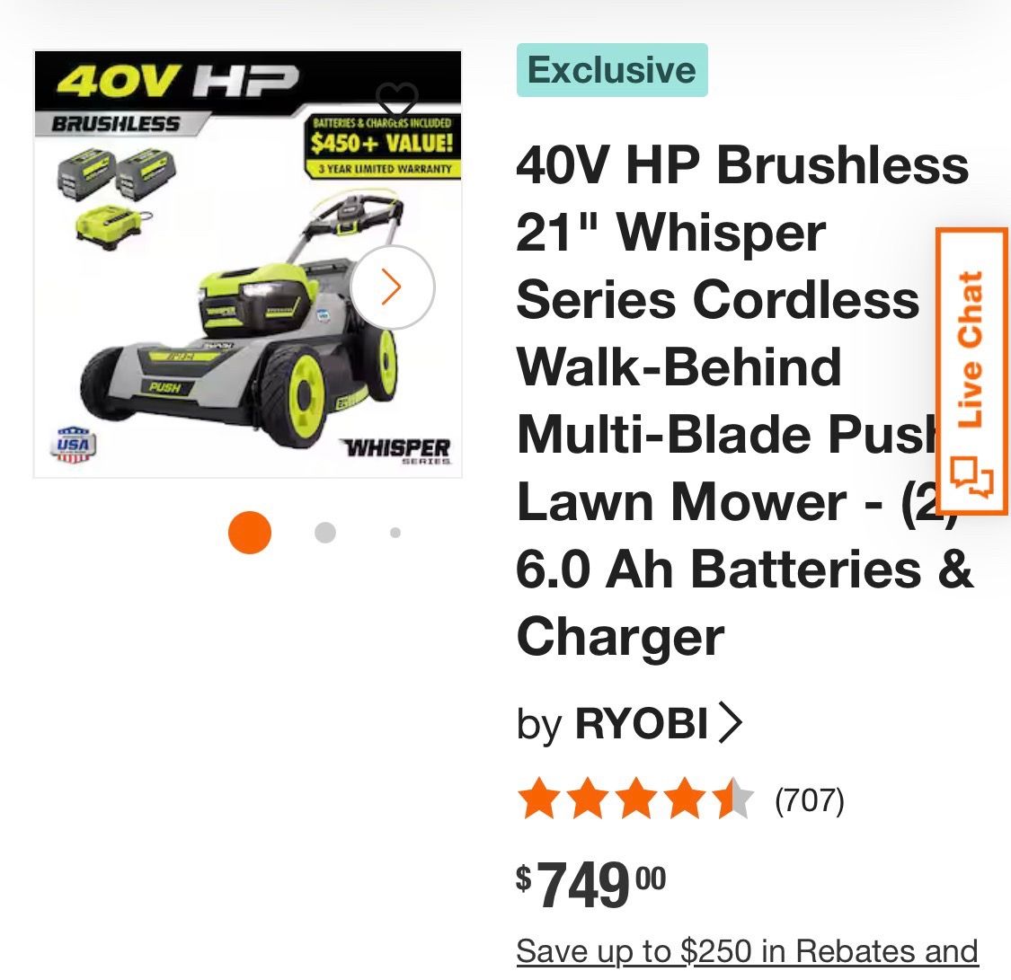 Lawn mover Ryoby 40v whisper self propelled 21”