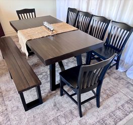 🖤🤎 farmhouse table black and brown walnut 6 six chairs bench dinning comedor dinner dining set trestle