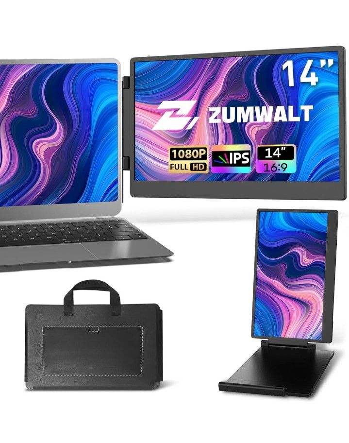 14" 1080P FHD Portable Monitors with Adjustable Stand for 13''-16.1'' Laptop, Plug and Play, Compatible with Wins/MacOS/Chrome/Android/PS5/Switch