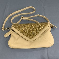 “KIMCHI BLUE” (beige/ metallic) Crossbody clutch/purse, Flap, Zipper compartment