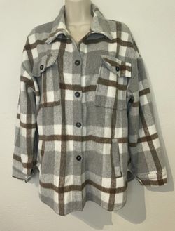 Women Loose Fall Shirt Jacket Button-down Color Block Long Sleeve with pockets.  (AC)