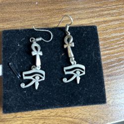 Ankh And Eye Of Horus Earrings. Silver 