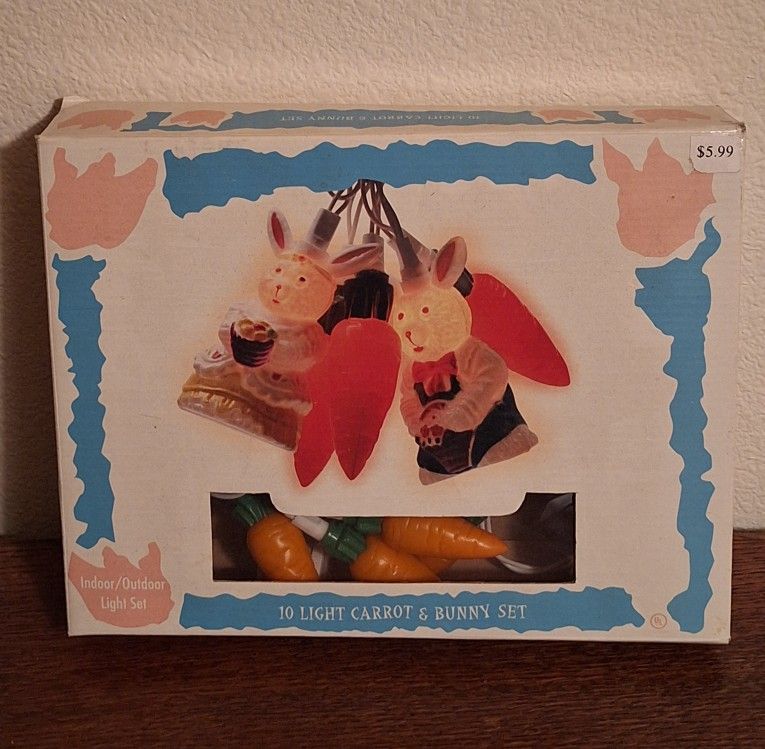 Vintage Blow Mold 10 Light Carrot & Bunny Set Easter String Lights 
