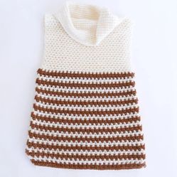 Homemade HANDKNIT Turtleneck Cowl Neck Tunic Vest Cream and Brown Woman's