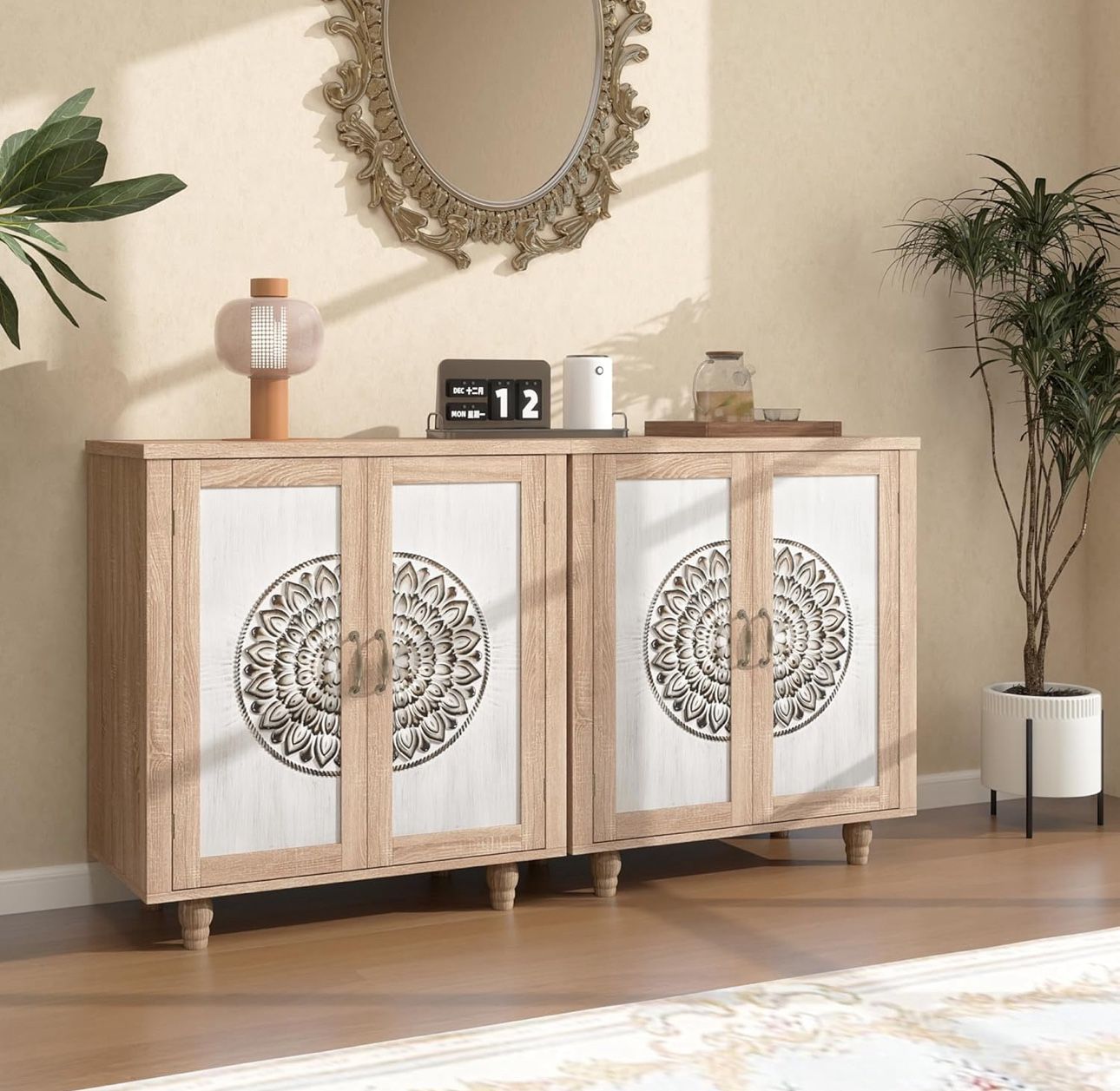 2pc Accent Cabinet with 2 Carved Doors and Adjustable Shelves, Farmhouse Storage Sideboard, Buffet Cabinet for Living Room, Entryway, Kitchen, Natrual