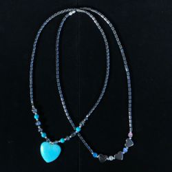 2 Necklace Lot Hematite Beads Heart Pendant Cat's Eye Fiber Optic Bead Grounding