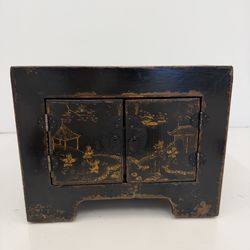 Japanese Black Lacquer Wooden Box Gold Decoration Painted Scenes Hinged Doors