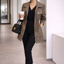 Executive Taupe Jacket with Gold Hardware – Size 8 Fall Office Chic