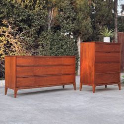 1960s Mid-Century Modern Walnut Dresser Bedroom 2 Pc Set – Lowboy + Highboy (FREE DELIVERY)