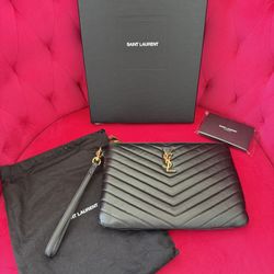 Authentic YSL Saint Laurent Black Pouch Wristlet Bag Zipper 