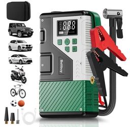 New with carrying case Portable Car Jump Starter with Built-In Tire Inflator. It Enables Fast Vehicle Starting And Quick Tire Inflation. Equipped with