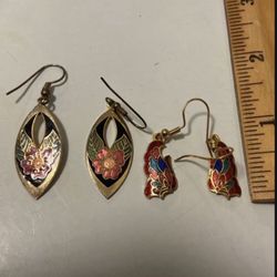 2 Pair Vintage 80's Enameled Dangling Earrings
