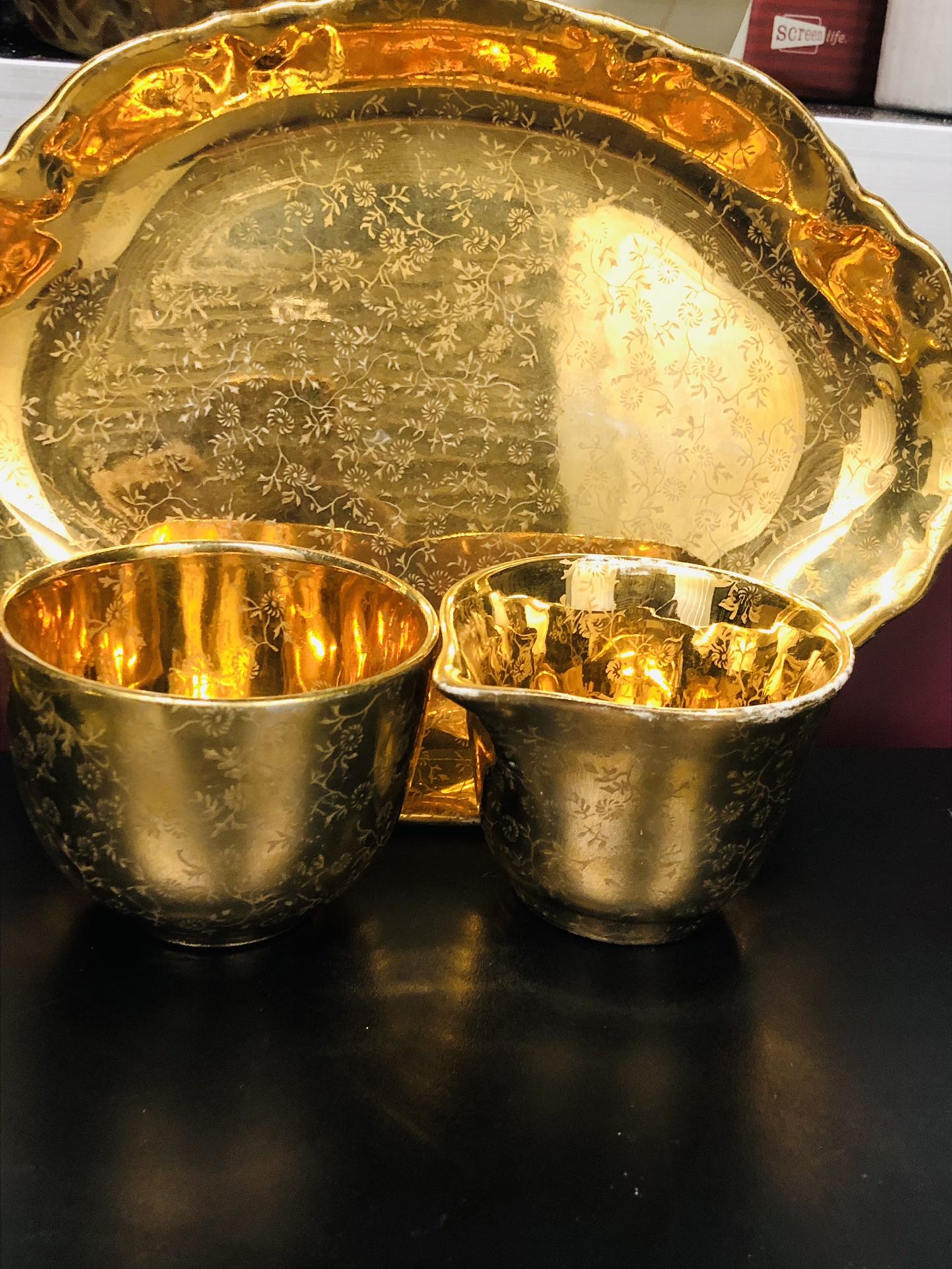 Vintage Golden Tray With Sugar And Cream Decorated With With Real Gold