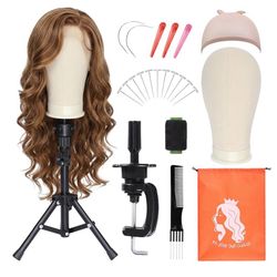 Wig Stand with Head, 23" Canvas Head for Wig, White Foldable Mannequin Head Tripod, Wig Head Stand Tripod with Canvas Block Head, for Cosmetology, Sty