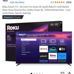 Roku Smart TV – 65-Inch Pro Series 4K QLED RokuTV with Backlit Roku Voice Remote Pro, Dolby Vision 