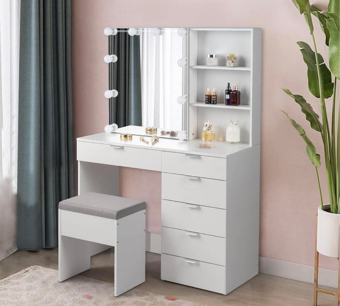 Vanity Desk with Mirror & Light, Large Drawer & Storage, Bedroom Dressing Table
