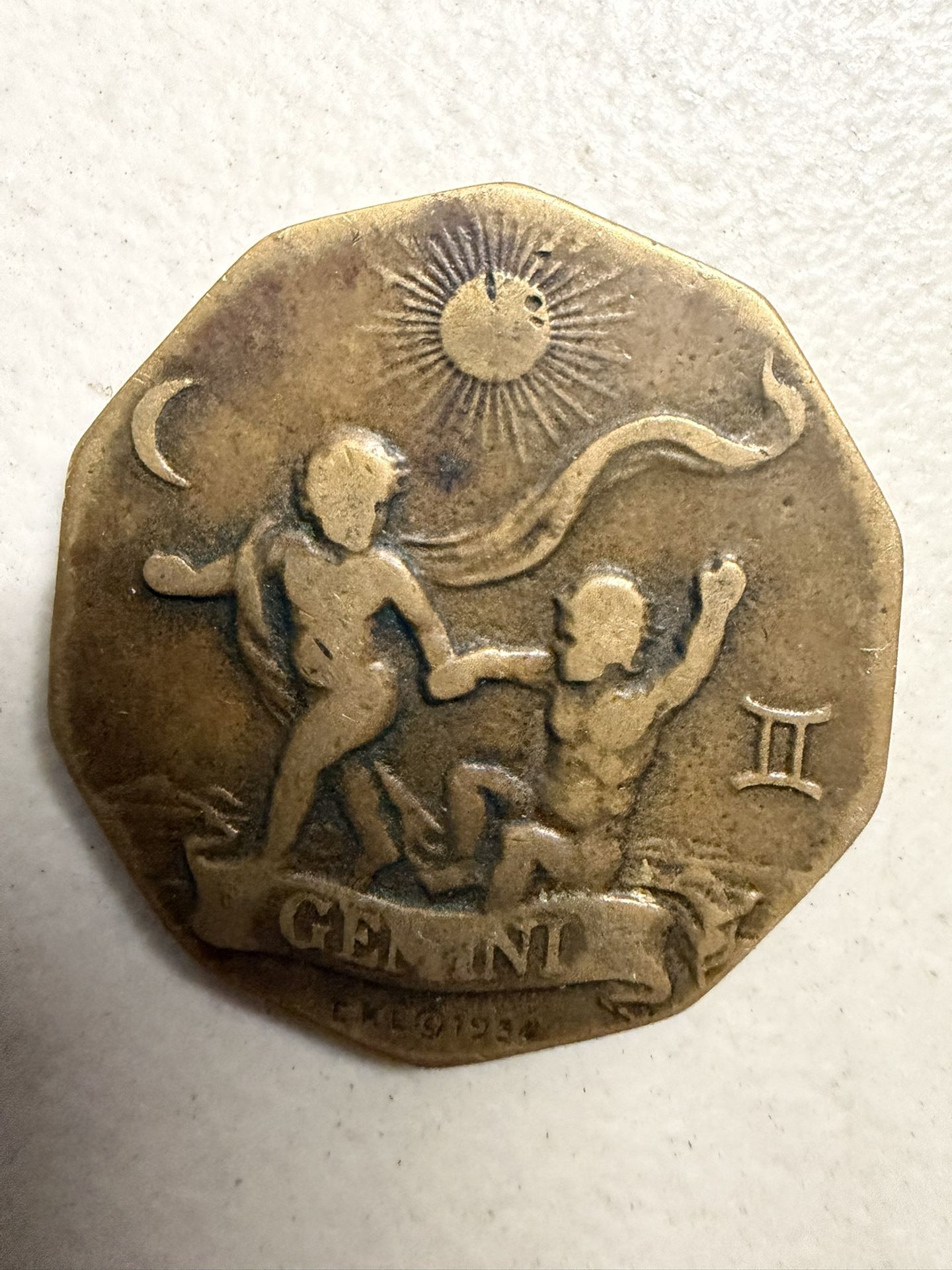 Vintage 1934 Gemini Zodiac Good Luck Token