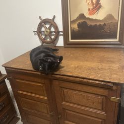 Vintage 1890s to Early 1900s Oak Credenza (Cat Not Included 😁) – Original Patina, $585 OBO. 
