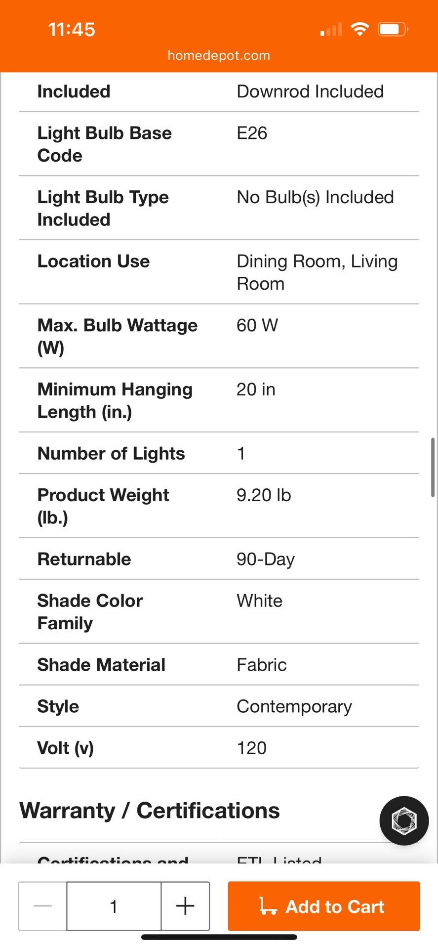 Lise 15 in. 1 Light Black Chandelier with Fabric Shade