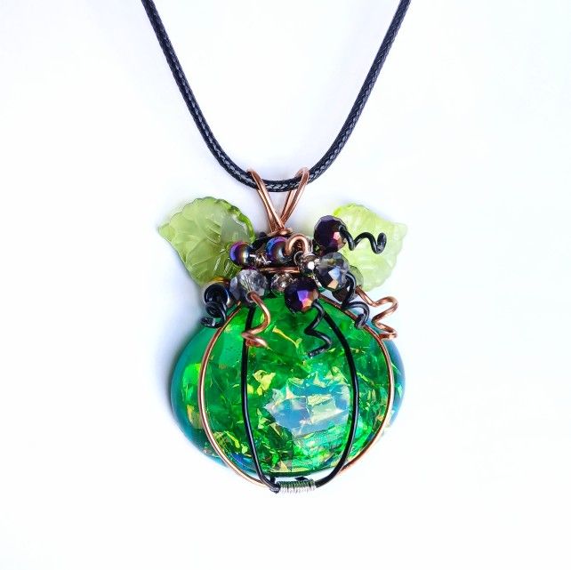 Sparkly green pumpkin copper black wire wrapped cabochon necklace with purple beads new handmade