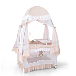 Babyjoy Portable Playpen Crib Cradle Baby Bassinet Changing Pad Mosquito Net with Bag Light Pink