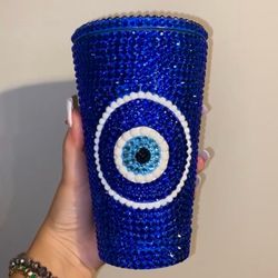 Blue rhinestone evil eye tumbler