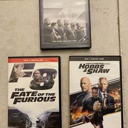 Fast And Furious 7, Fast And Furious 8, and Hobbs and Shaw Dvds