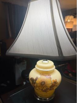 Vintage Floral Hand-Painted Milk Glass Table Lamp with Fabric Shade – 1970s Style