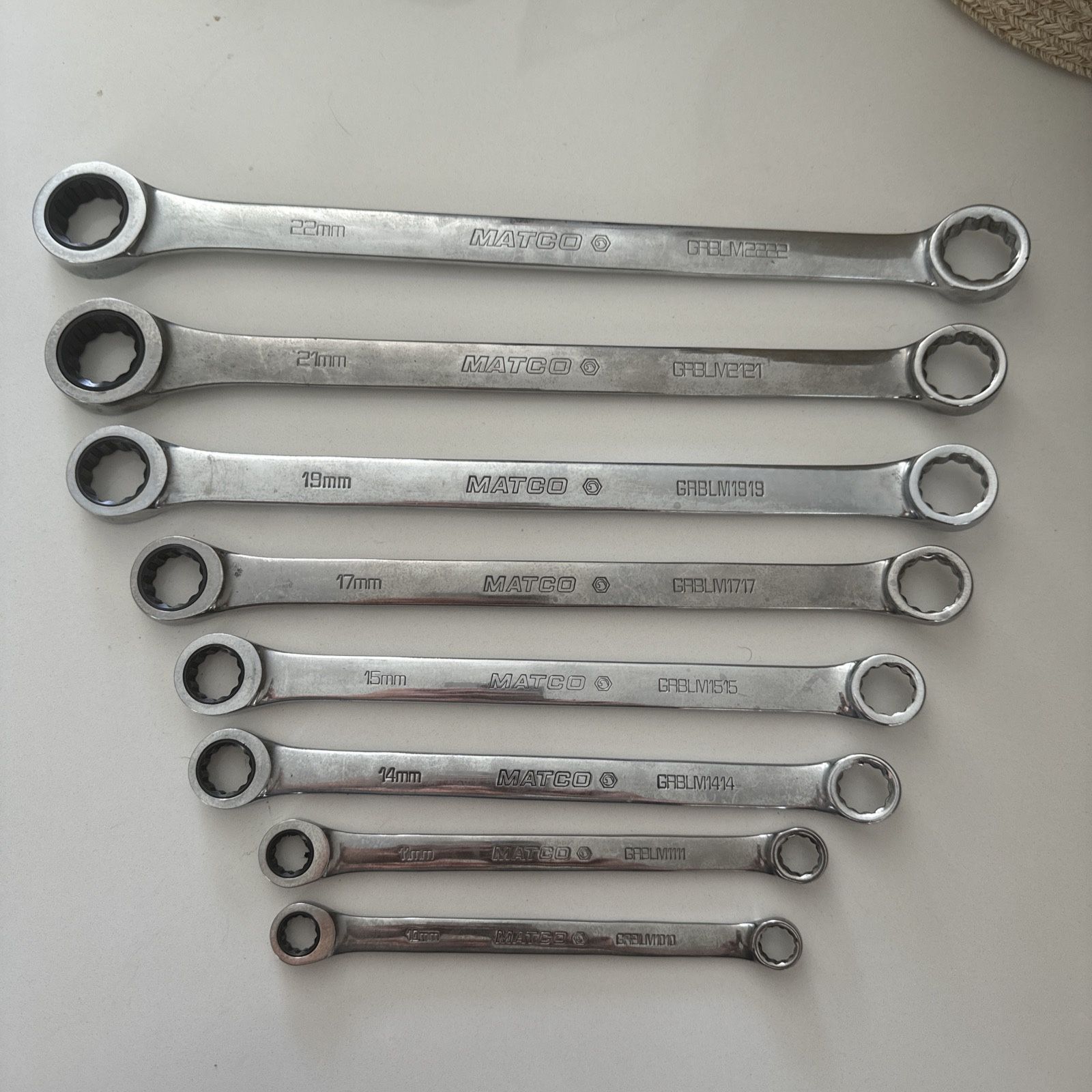 Matco 8 Pc Box and Ratchet Wrench GABLM 10, 11, 14, 15, 17, 19, 21, 22