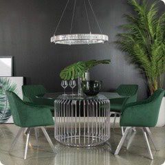 5-piece Round Glass Dining Set Swivel Chairs Chrome Green Art Deco Inspo Comedor
