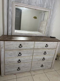Rustic Whitewash Dresser with Mirror & Queen size bed frame and mattress