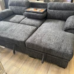 94"W Dark Gray Chenille Fabric Sleeper Sectional Sofa with Right-Facing Chaise, Cupholders, USB Charging port