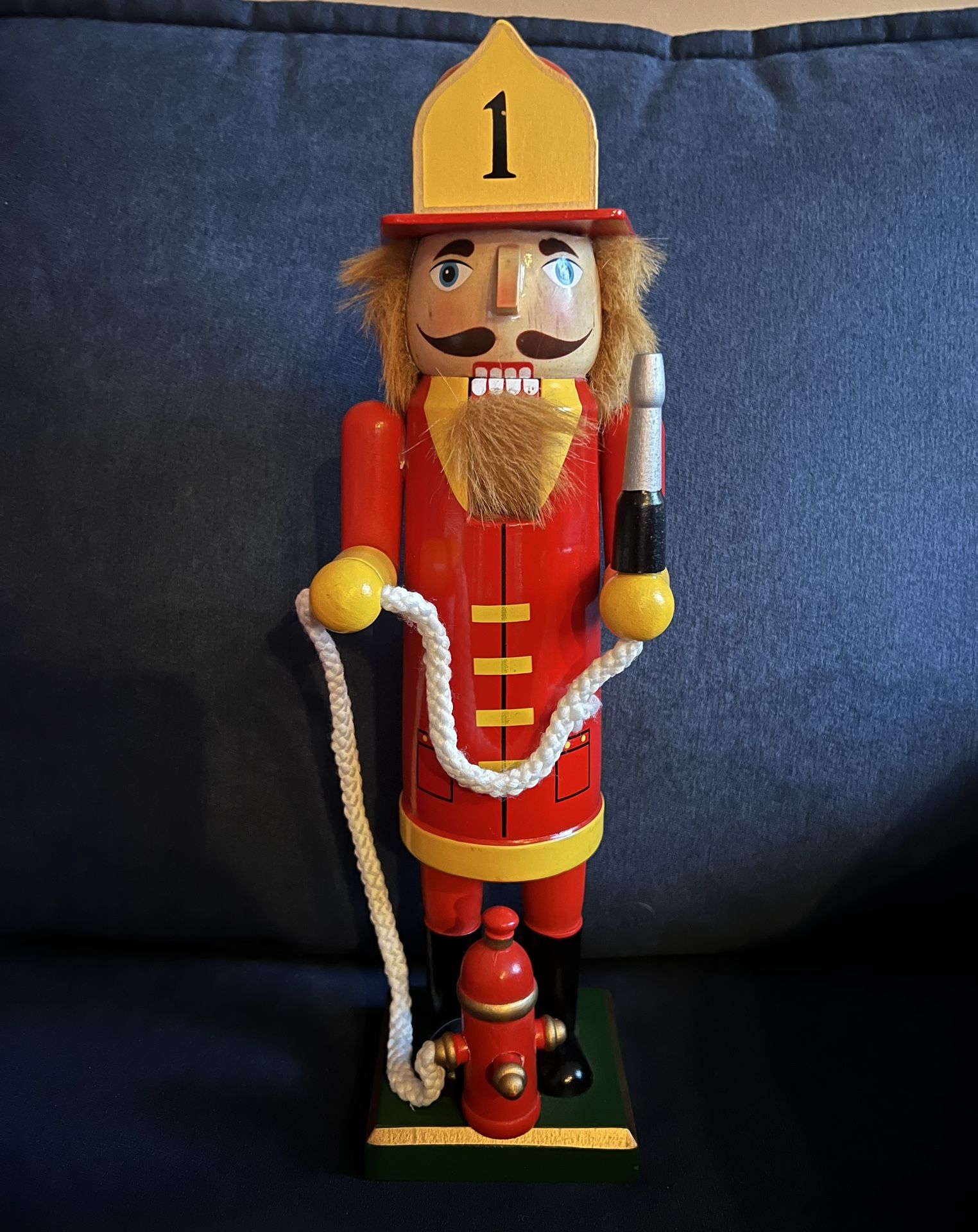 Fireman Nutcracker With Hose & Hydrant Red Outfit Yellow Accent