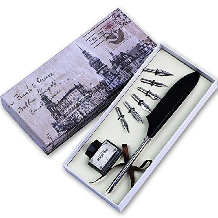 Quill Pen Set with Black Feather Antique Luxury Quill Pen with Ink Jar