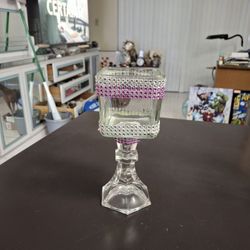 Thick Heavy Glass Compote Candle Holder With Silver & Pink Sequins 8"H X 3.5"W 