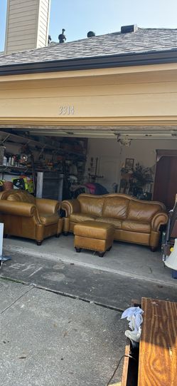 Cognac Leather Sofa + Chair + Ottoman – Nailhead Trim $ 215