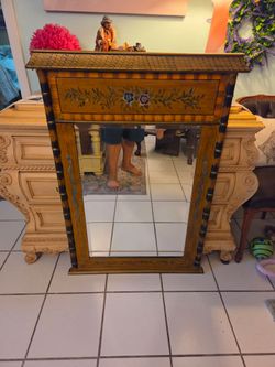 Vintage Faux Bamboo Hand Painted Pagoda Regency  Wall Mirror