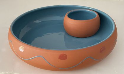Chip And Dip Terra-Cotta Bowl With Glazed Interior