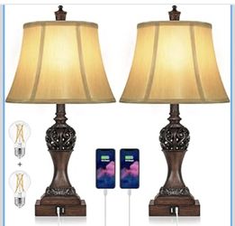 Set of 2 Touch Control 3-Way Dimmable Table Lamps with 2 USB Charging Ports Traditional Bedside Lamps with Bell Shape Faux Silk Shade & Brown Base for