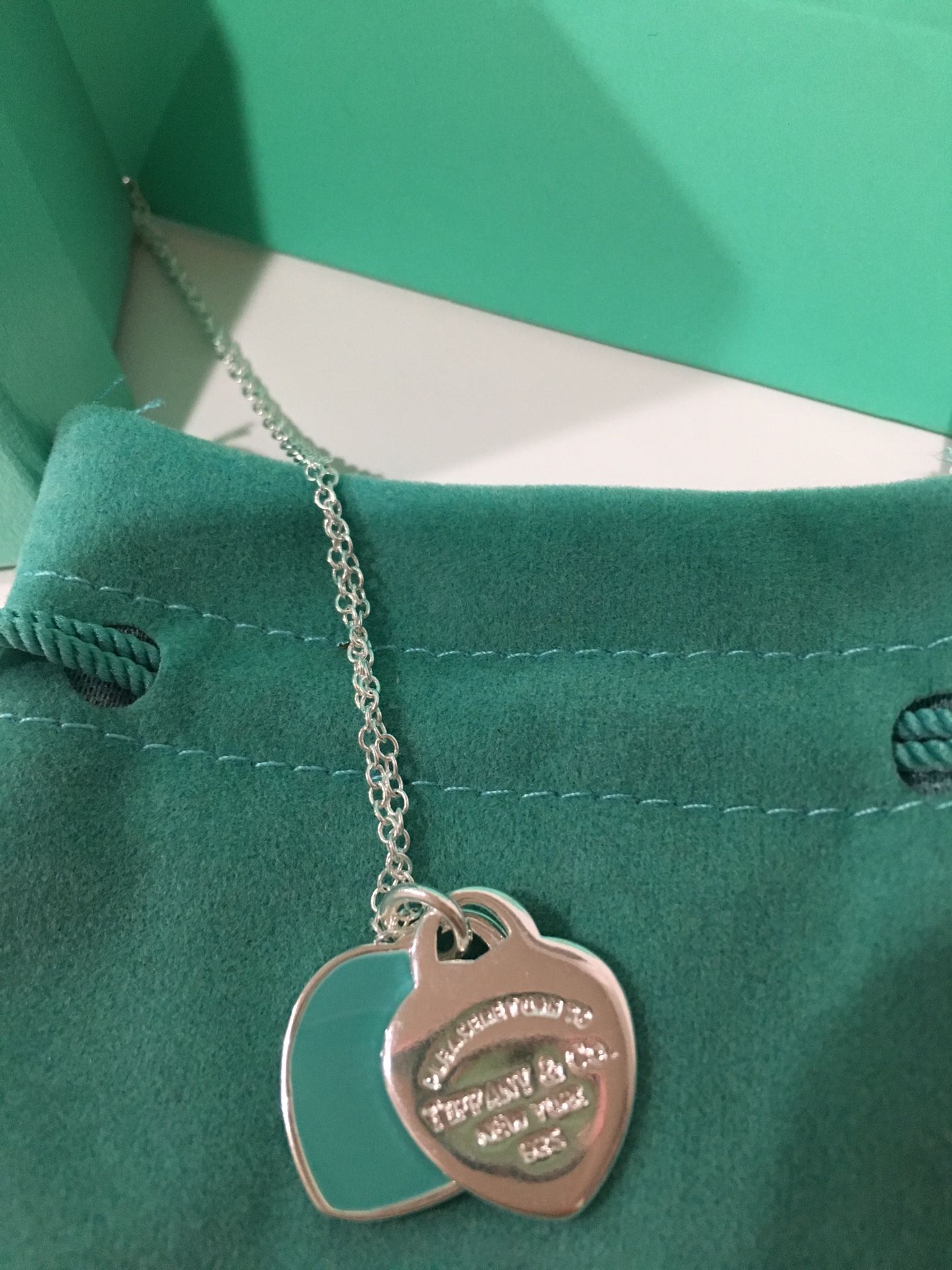 Tiffany & Co Blue Enamel Heart Pendant Necklace Sterling Silver