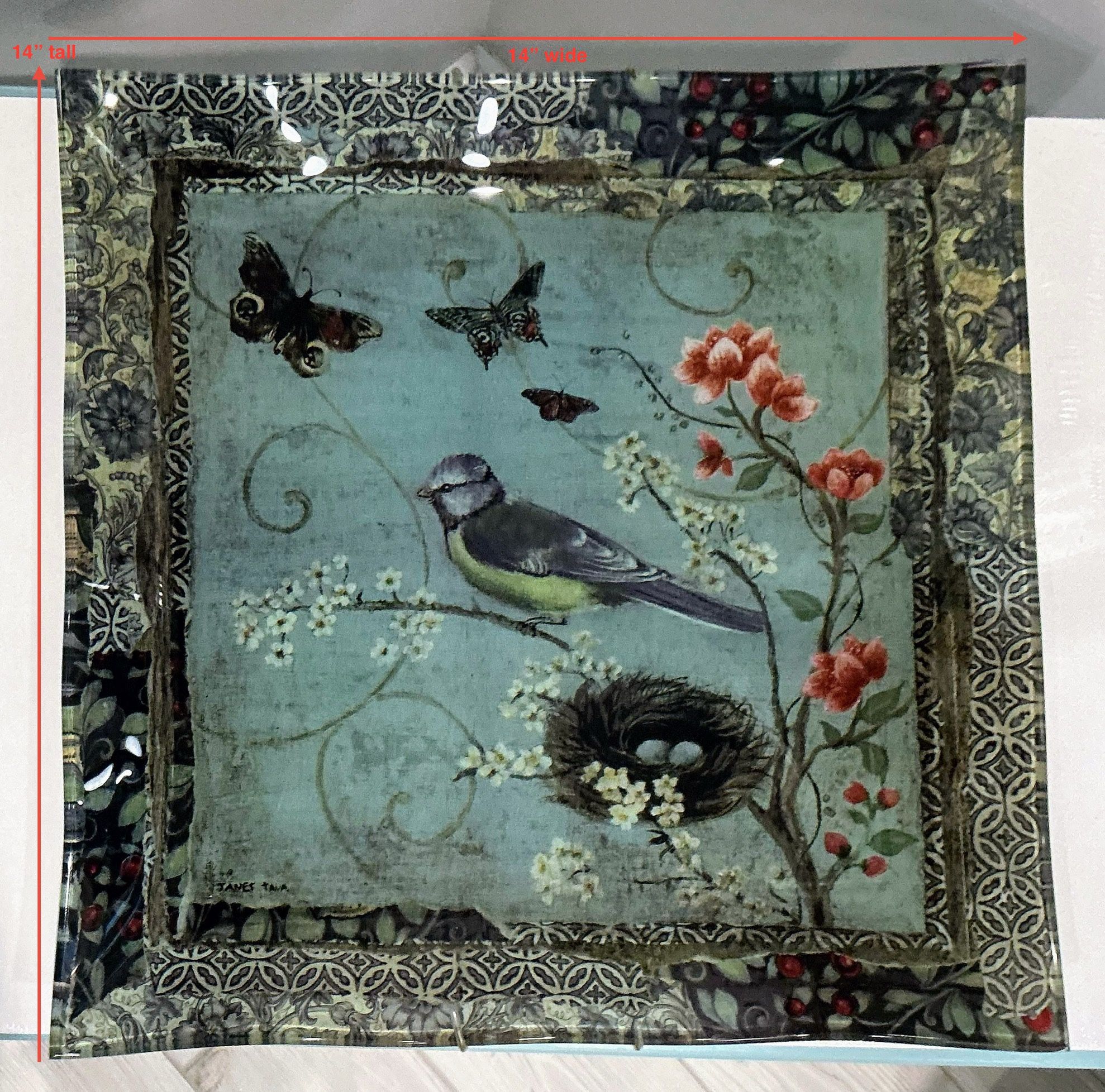 Vintage Janet Tavares Glass “Birds & Butterflies” Hanging Art 