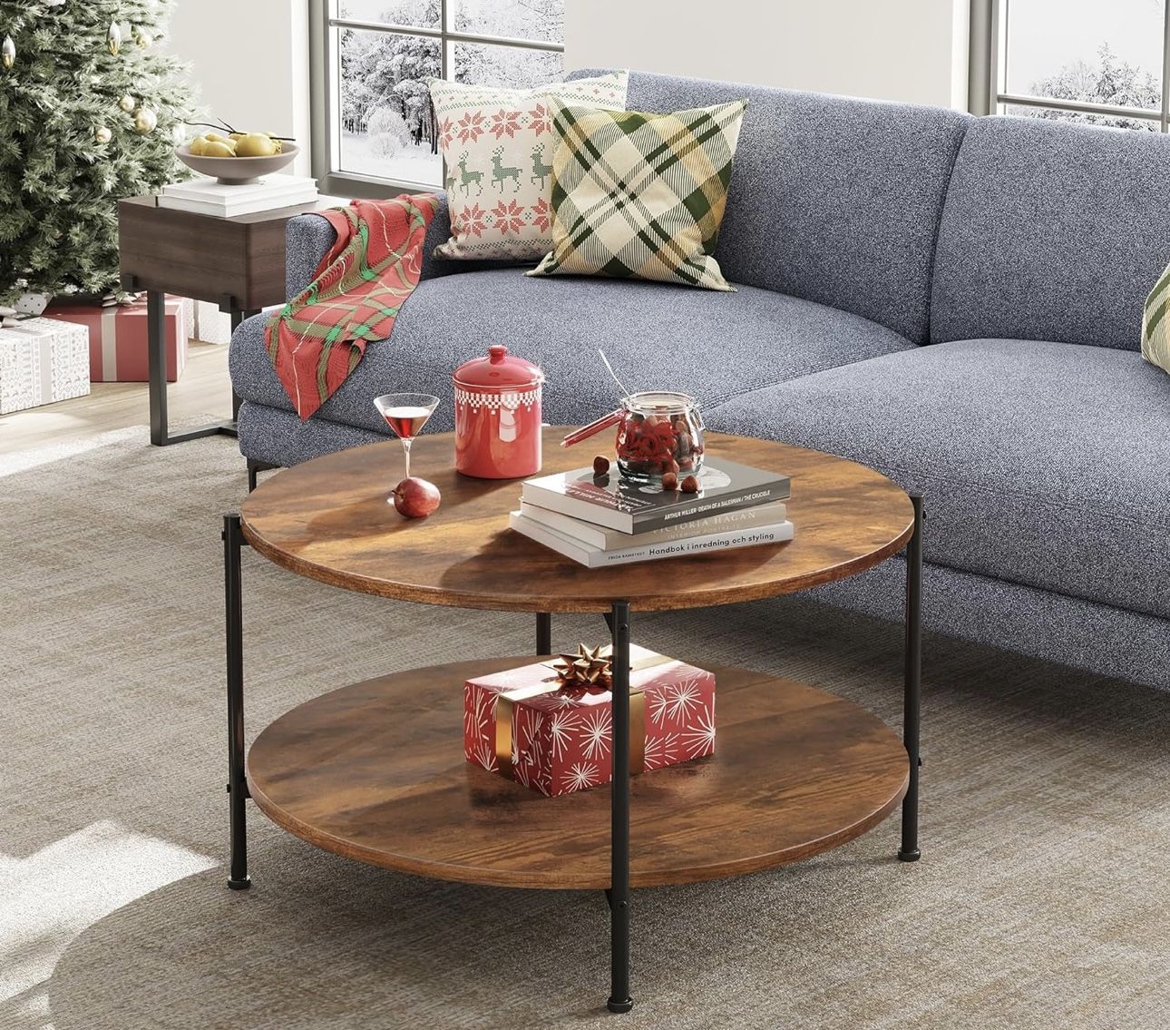 Round Coffee Table, 32" Small Coffee Table with Open Storage Shelf, 2-Tier Industrial Circle Wood Center Table for Living Room, Rustic Brown